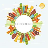 horizon de hong kong avec bâtiments de couleur, ciel bleu et espace de copie. vecteur