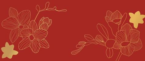 vecteur de fond de modèle de style de luxe de joyeux nouvel an chinois. orchidée orientale fleur or ligne art texture sur fond rouge. illustration de conception pour papier peint, carte, affiche, emballage, publicité.