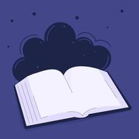 livre ouvert avec des nuages. symbole de lecture et de connaissance. ouvrir la voie vers le monde du rêve. vol de fantaisie. feuilles vierges. illustration vectorielle isolée.