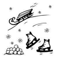 doodle hiver set illustration vectorielle. boules de neige, flocons de neige, traîneau, patins, toboggan. vecteur