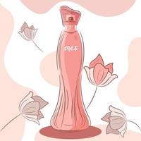 croquis isolé d'une bouteille de parfum avec illustration vectorielle de fleurs vecteur