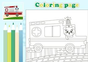 page de coloriage médical pour les enfants avec un médecin panda mignon dans une voiture d'ambulance de dessin animé vecteur