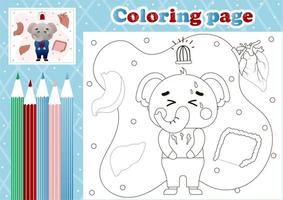 page de coloriage médical pour les enfants avec un patient éléphant mignon souffrant de maux d'estomac vecteur