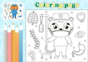 page de coloriage médical pour les enfants avec un médecin tigre mignon en masque et avec des instruments médicaux vecteur