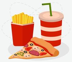 tranche de pizza, tasse de coca et pommes de terre frites. illustration vectorielle de malbouffe dans un style plat vecteur