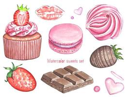 aquarelle sertie de bonbons. chocolat, gâteau, guimauves, fraises, biscuits. illustrations de nourriture vecteur