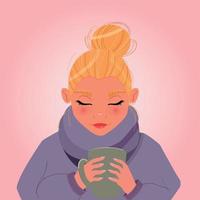 belle fille blonde avec un chignon désordonné tenant une tasse dans un pull confortable. scène d'hiver. illustration colorée. vecteur. vecteur
