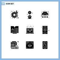 ensemble moderne de 9 pictogrammes de glyphes solides du processus d'apprentissage de l'utilisateur rapport d'ordinateur portable éléments de conception vectoriels modifiables vecteur