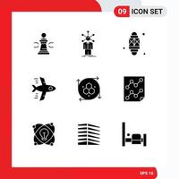pack de glyphes solides de 9 symboles universels de lampe d'avion lanterne humaine du ramadan éléments de conception vectoriels modifiables vecteur