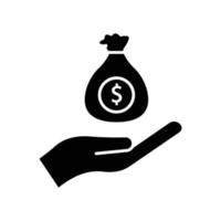 illustration d'icône de main avec sac d'argent. symbole d'investissement. style d'icône de glyphe. adapté aux applications, sites Web, applications mobiles. icône liée à la finance. conception de vecteur simple modifiable