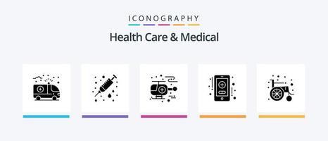 soins de santé et pack d'icônes de glyphe médical 5 comprenant. la roue. ambulance. médical. soins de santé. conception d'icônes créatives vecteur