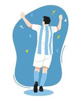 athlète de football masculin courant tout en célébrant la victoire. vue arrière. maillot de football bleu clair et blanc. tout le corps. concept sportif, champion, compétition, célébration. illustration vectorielle plane. vecteur