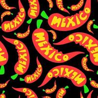 piment jalapeno rouge piquant. piment symbole de la cuisine mexicaine. l'inscription mexique sur le fond des piments. modèle sans couture vecteur