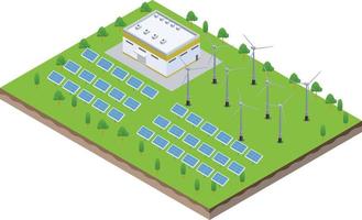 scène isométrique de panneaux de ferme solaire avec usine de fabrication verte vecteur
