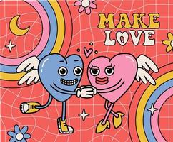 coeurs amoureux dans un style étrange de dessin animé rétro des années 70. couple de coeurs bleus et roses main dans la main. mascottes toons vintage tendance. amours étranges comiques avec des mains gantées. illustration vectorielle linéaire. faire l'amour vecteur