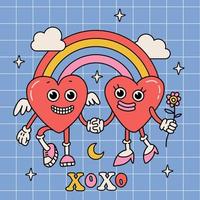 xoxo - modèle de carte de voeux saint valentin ou impression de conception de t-shirt avec des personnages de coeur de dessin animé rétro tenant la main avec arc-en-ciel isolé sur fond quadrillé. illustration vectorielle vecteur