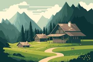 montagne champ vert paysage alpin nature avec maisons en bois vecteur