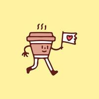 mascotte de tasse à café tenant un drapeau avec le symbole de l'amour, illustration pour t-shirt, vêtements de rue, autocollant ou marchandise vestimentaire. avec un style doodle, rétro et dessin animé. vecteur