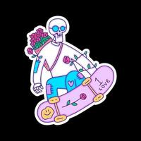 crâne cool portant des lunettes de soleil avec des fleurs de seau faisant du skateboard, illustration pour t-shirt, autocollant ou marchandise vestimentaire. avec un style doodle, rétro et dessin animé. vecteur