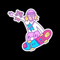 hype jeune garçon portant un bonnet avec ours et chat faisant du skateboard, illustration pour t-shirt, autocollant ou marchandise vestimentaire. avec un style doodle, rétro et dessin animé. vecteur