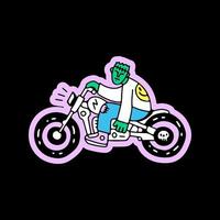 frankenstein cool à moto, illustration pour t-shirt, autocollant ou marchandise vestimentaire. avec un style doodle, rétro et dessin animé. vecteur