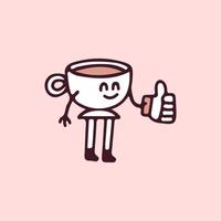 tasse de personnage de mascotte de café tenant comme un bouton, illustration pour t-shirt, vêtements de rue, autocollant ou marchandise vestimentaire. avec un style doodle, rétro et dessin animé. vecteur