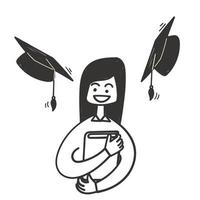 femme doodle dessiné à la main avec livre pensez au vecteur de chapeau de graduation isolé