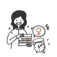 main dessinée doodle femme marque la date de ses règles sur l'illustration du calendrier vecteur