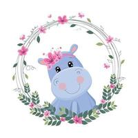 dessin animé mignon d'hippopotame parmi les fleurs, les papillons. t-shirts imprimés, design de mode de vêtements pour bébés, carte d'invitation de douche de bébé. vecteur