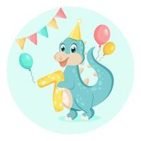 mignon bébé dinosaure. invitation d'anniversaire. sept ans, sept mois. carte de voeux joyeux anniversaire. vecteur