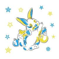 lapin aux couleurs du drapeau de l'ukraine, bleu et jaune, en jouets, fond de flocons de neige vecteur