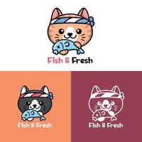 un chat mignon tient un logo de dessin animé de poisson vecteur