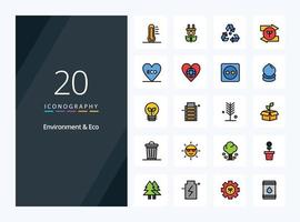 20 icônes remplies d'environnement et de ligne écologique pour la présentation vecteur