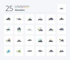montagnes 25 pack d'icônes de couleur plate, y compris la colline. détruire. la nature. Montagne. colline vecteur