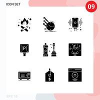 9 ensemble de glyphes solides universels pour les applications web et mobiles signe de salle de bain éléments de conception vectoriels modifiables sonores vecteur