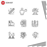 ensemble de pictogrammes de 9 contours simples d'éléments de conception vectoriels modifiables pour le petit-déjeuner alimentaire chimique de fruits mobiles vecteur