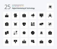 marketing numérique et technologie 25 pack d'icônes de glyphes solides, y compris le streaming. e-mail. numérique. message. courrier vecteur