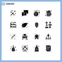 interface mobile ensemble de glyphes solides de 16 pictogrammes d'éléments de conception vectoriels modifiables de cacao chaud de danger de lit d'auberge vecteur