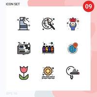 interface mobile filledline couleur plate ensemble de 9 pictogrammes de réglage de la bouteille document d'équipement d'exercice éléments de conception vectoriels modifiables vecteur