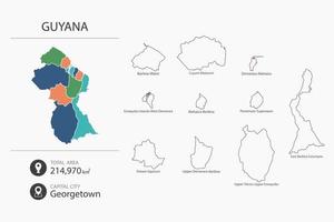 carte de la guyane avec carte détaillée du pays. éléments cartographiques des villes, des zones totales et de la capitale. vecteur