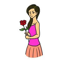 la belle fille tenant une conception d'illustration de fleur rose vecteur