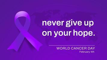 bannière de la journée mondiale du cancer avec ruban violet. citation de motivation pour la sensibilisation ou la campagne contre le cancer vecteur