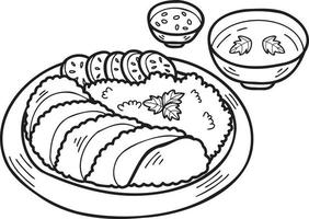 porc frit dessiné à la main avec du riz et de la soupe illustration de la cuisine chinoise et japonaise vecteur