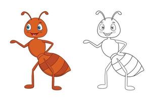 fourmi de dessin animé heureux avec dessin au trait, croquis de fourmi couleur moins page isolé sur fond blanc. vecteur