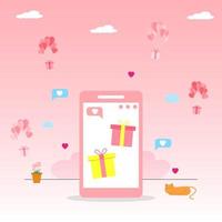 illustration rose boîte cadeau colorée à l'écran du smartphone concept de la saint valentin, amoureux des médias sociaux dans le téléphone mobile vecteur