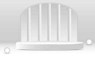 maquette de podium de piédestal. salle de vecteur 3d blanc abstrait avec ensemble de podium de piédestal de cylindre blanc réaliste. scène minimale pour la présentation de l'affichage du produit. plate-forme géométrique vectorielle. scène pour vitrine.