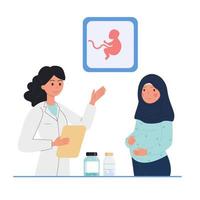 femme musulmane enceinte en hijab à la réception du gynécologue, médecin. vecteur