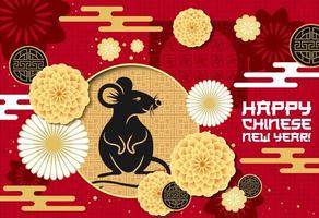 nouvel an chinois, motif de rat et de fleurs en papier découpé vecteur