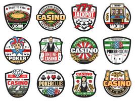 roulette de casino, poker, croupier, dés, icônes de cartes vecteur