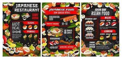 restaurant de sushi japonais, menu buffet de cuisine asiatique vecteur